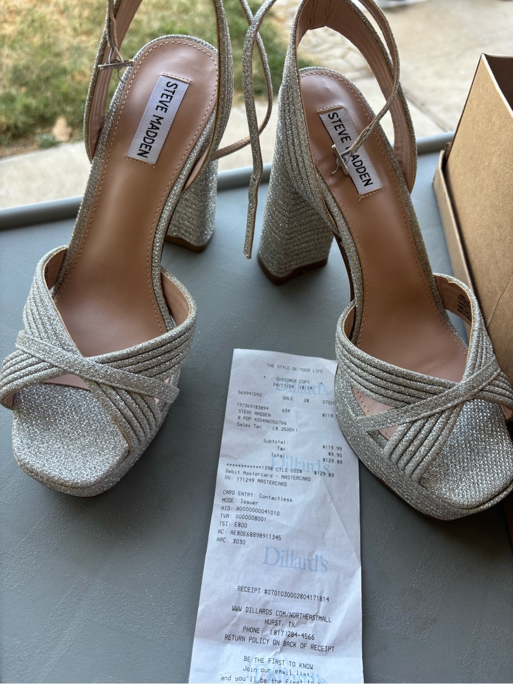 Steve Madden Silver Glitter Platform Block Heel Sandals with Ankle Tie
